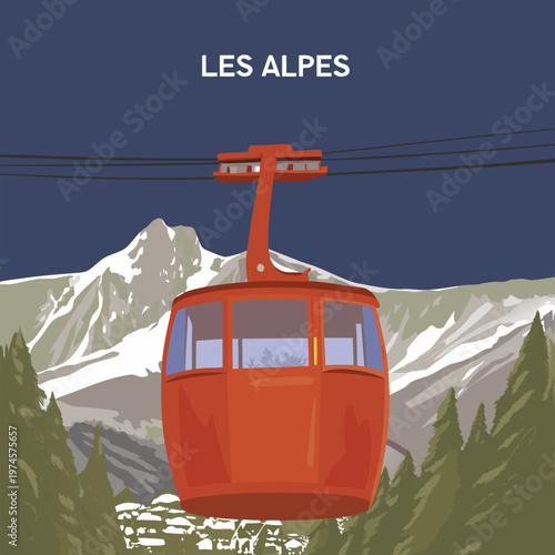 A vibrant alpine funicular cable car ascending the snowy mountain peaks of les alpes