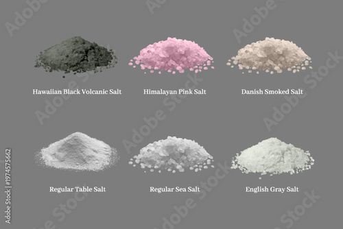Danish smoked and English gray salt, Hawaiian black volcanic and Himalayan pink salt, realistic seasoning mineral powder