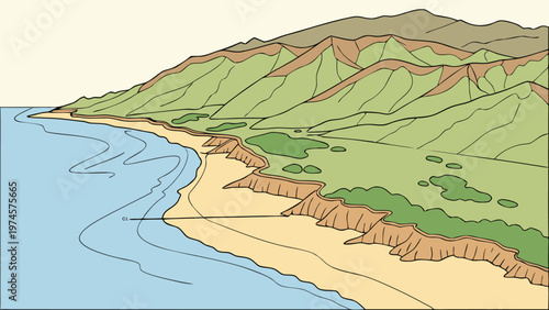 Coastal landscape featuring a hilly terrain with a narrow sandy beach and ocean shoreline