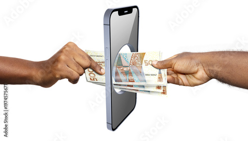A surreal image showing hands passing Aruban 500 florin banknotes through a hole in a smartphone, symbolizing the transition from physical cash to mobile digital payments and banking in Aruba.