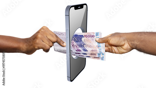 Bild auf Leinwand Two hands transfer a 10,000 West African CFA franc bill through a smartphone screen
