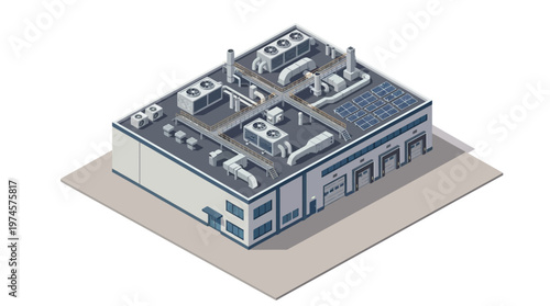 Isometric modern industrial building illustration, showcasing rooftop HVAC systems and solar panels. A concept of efficient factory or warehouse for manufacturing and logistics