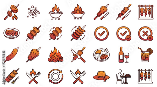 Brazilian BBQ Icons set in linear style. A collection of churrasco linear icons, including picanha, skewer, grill, charcoal, sausage, steak, wine, cocktail, knife, and more. Editable stroke.
