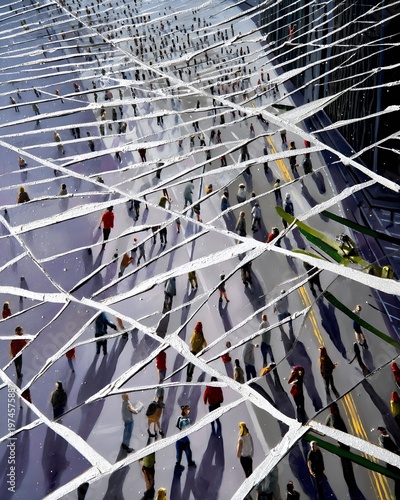crowd of people seen through broken glass