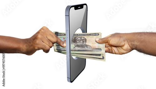 Bild auf Leinwand Hands exchange Eritrean Nakfa banknotes through a smartphone screen, symbolizing the bridge between physical cash and the emerging world of digital payments and mobile finance in Eritrea