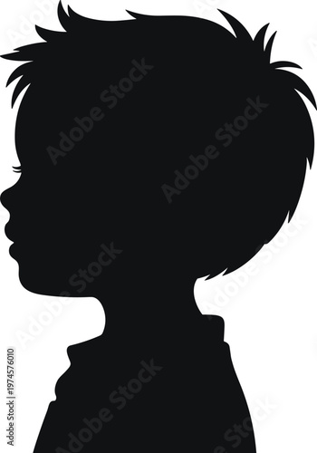 Child silhouette, profile view, artistic outline, black shadow, tousled hairstyle, facial contour, minimalist design, creative portrait, educational material, identity concept