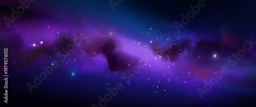 Starry purple sky background with nebula clouds and cosmic light, space universe scene with glowing stars, abstract vector illustration. Night bright wallpaper with glowing constellation