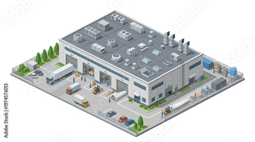 Isometric illustration of a modern industrial manufacturing factory building with logistics, delivery trucks, loading docks, and workers actively moving goods for efficient supply chain operations
