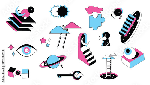 Surreal geometric door to psychedelic space, vector icons isolated on white background. Abstract portals with stairs, optical illusion in retro style. 3D fantasy contemporary eyes, key and planets