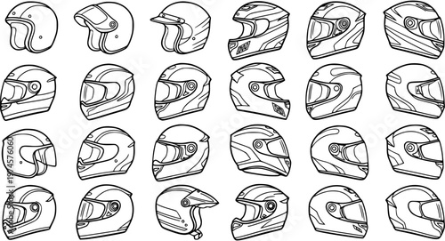 Automotive and Motorcycle Safety Helmets Vector Line Art. Black and White Outline Icons of Protective Headwear for Motorsports and Riding