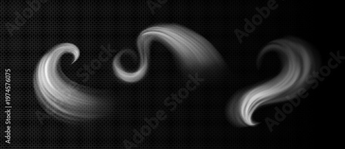 Dynamic wind effect with flowing white air streams and swirling motion, realistic vector set isolated on transparent. Natural breeze or smoke vortex spin, spiral whirlwind trails
