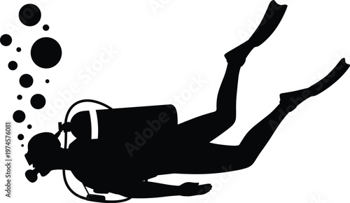 Scuba diver silhouette artwork, underwater swimming illustration, black vector design, marine sport graphic art, ocean themed profile image for adventure
