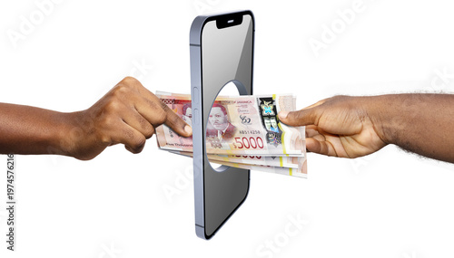 Photos Hands transfer Jamaican 5,000 Dollar banknotes through a smartphone, symbolizing the shift from physical cash to digital e-wallets, mobile banking, and modern fintech solutions in Jamaica