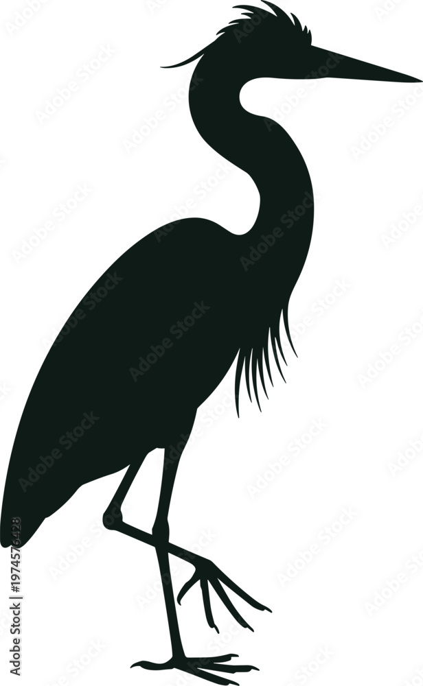 Fototapeta premium Elegant heron silhouette illustration, standing bird artwork, black vector design, long‑necked waterfowl graphic, minimalist wildlife art for nature themes