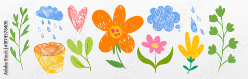 Kids color crayon nature drawings on white background. Vector realistic illustration of hand drawn pastel flowers, green plant leaves, raining cloud and red heart, cute doodles for school collage