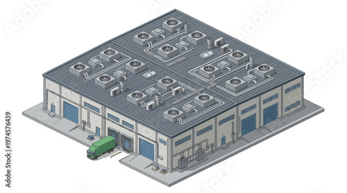 Isometric building illustration with multiple rooftop HVAC units and a delivery truck