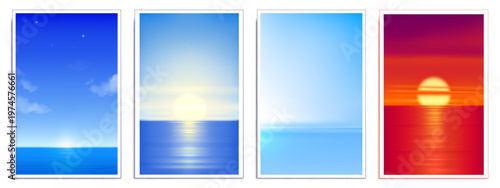 Gradient sea blurred posters with sunset and night starry sky, abstract vector summer background with vibrant blue ocean and warm orange sun, minimalist beach cards, morning, evening scenes