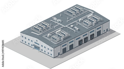 Modern industrial building with rooftop HVAC units and multiple garage doors, showcasing advanced infrastructure