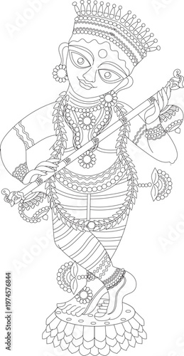 	
Saraswati Maa with veena and swan illustration on a white background	
