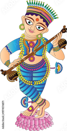 	
Saraswati Maa with veena and swan illustration on a white background	

