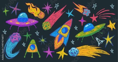 Hand drawn space doodles with crayon texture, cartoon vector illustration isolated on black background. Shooting comets, stars, alien rockets for kids' cosmic projects and cute universe design