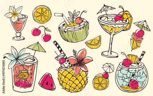 Vintage doodle cocktail illustrations with tropical coconut, pineapple drinks, lemon slice, and ice cubes, sketch vector prints isolated on background. Hand drawn designs for summer bar menus, flyers