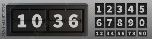 Mechanical flip clock display with countdown numbers and timer digits, realistic vector illustration isolated on transparent background. Black retro scoreboard panel showing time, classic style font
