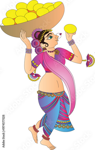 	
Lord's Servant, Gopika, or Sevika, has drawn in Indian folk art, Kalamkari style. Pattachitra from Osiasha, India. for textile printing, logo, and wallpaper.	
