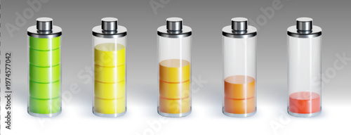 3D battery charge icon set from empty to full levels, realistic vector illustrations isolated on background. Smartphone power indicators with neon color bars, mobile device energy status