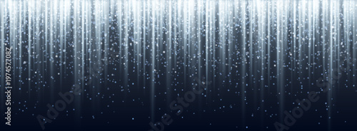 Glittering silver rain, shining sparkles and particles on black background, vector border. Shimmering confetti dust, festive light effect, luxury award banner and celebration design