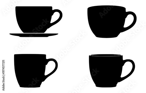 A collection of black vector illustration silhouettes representing various coffee cups and ceramic tea mugs