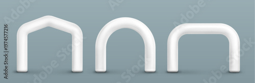 3D set of inflatable gates for marathon start and finish lines. Vector realistic illustration of white archway mockups for sport events and outdoor festivals, blank space for sponsor branding design