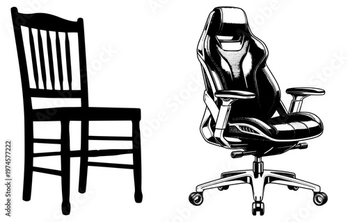 An illustration comparing a traditional wooden chair silhouette to a detailed, modern gaming office chair vector.