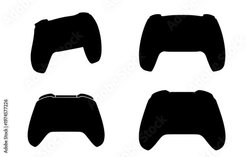 A collection of black vector illustration silhouettes representing modern gaming controllers for various digital platforms