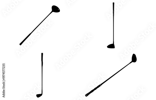 A minimalist vector graphic design showcasing four black silhouettes of various golf club equipment items