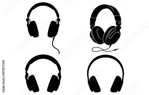 A professional vector graphic illustration showing a collection of four distinct black audio headphone silhouettes