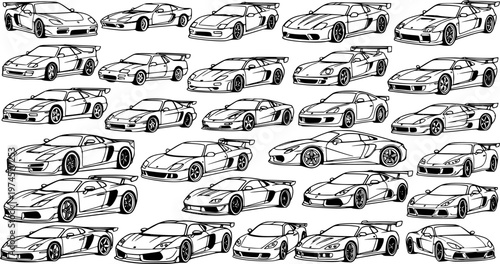 Automotive Sports Car Collection: Black and White Line Art Outlines of Modern Performance Vehicles for Racing, Hobby, and Car Culture Designs
