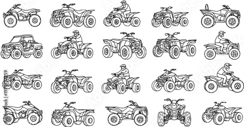 Automotive Off-Road Recreation: Black and White Line Art Collection of All-Terrain Vehicle (ATV) and Quad Bike Icons, some with Riders
