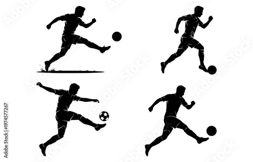 Four black silhouette vector graphic illustrations of dynamic soccer players kicking a ball in motion