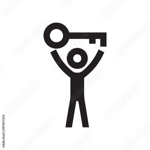Find a solution, key decision, linear style icon. The person holds the key. Editable stroke width
