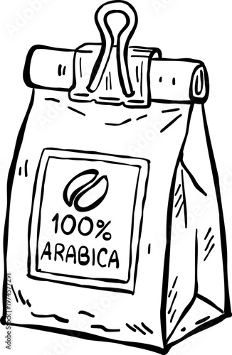 Hand-drawn doodle of a kraft coffee bag labeled “100% Arabica” with a coffee bean illustration.