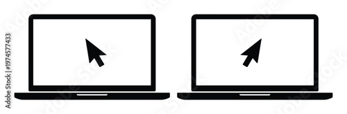 Icono de laptop con cursor de ratón, ilustración vectorial de computadora portátil minimalista, set de dos ordenadores negros