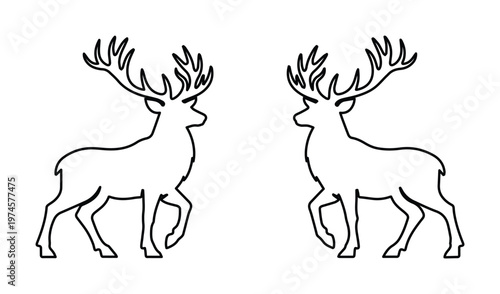 Silueta de ciervo lineal, contorno de venado con astas en formato EPS, ilustración minimalista de fauna salvaje para logotipos y diseño