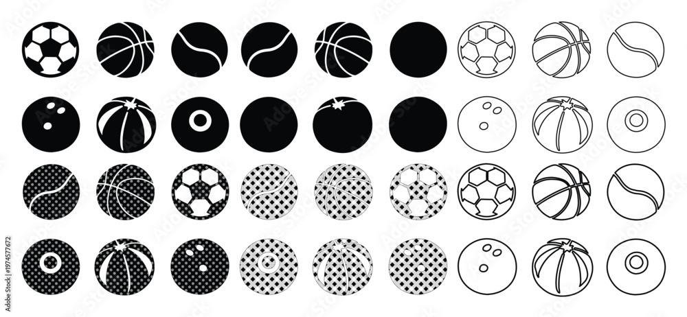 Fototapeta premium Colección de 36 iconos de pelotas de deporte en formato EPS, set de balones deportivos en estilo plano y lineal, elementos gráficos de equipamiento atlético