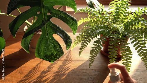 Hand spraying water on green plants.