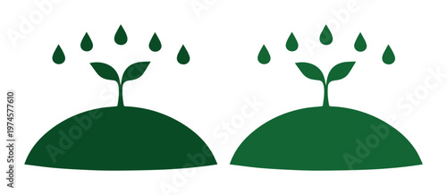 Iconos de brotes verdes con gotas de agua, ilustración vectorial de crecimiento agrícola, símbolos de ecología y sostenibilidad ambiental