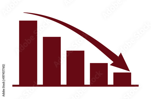Declining bar chart, a maroon vector graphic illustrating financial loss and market downturn. Business crisis and economic recession concept, a visual representation of decreasing performance