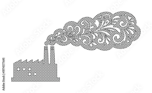 Silueta de fábrica industrial con humo ornamental, concepto de contaminación ambiental creativa, ilustración de planta de energía con patrones florales