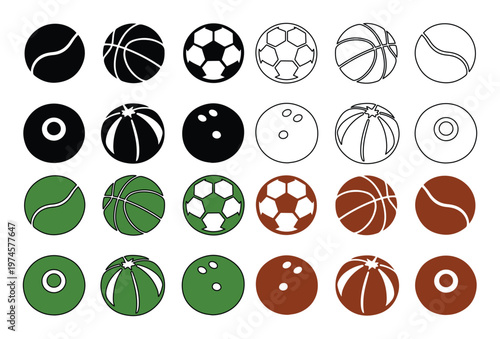 Colección de 24 iconos de pelotas de deporte en formato EPS, set de balones deportivos minimalistas, elementos gráficos de fútbol y baloncesto