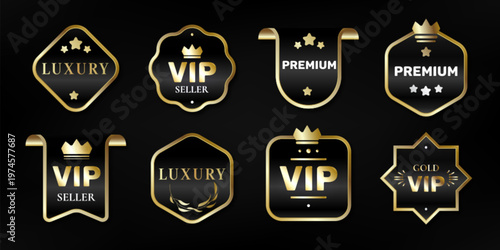 Premium black gold ribbon labels, luxury emblems, realistic vector icons isolated on background. Elegant golden banners, tags for VIP awards, certificates, exclusive promotions, seal badge frames